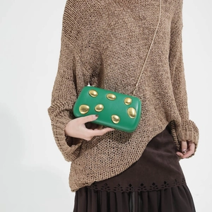 Bright green rectangular PU clutch bag with golden metal studs and chain strap