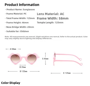 Tableau des tailles et spécifications des matériaux pour lunettes de soleil enfant cœur