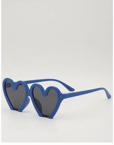 Detail of royal blue heart-shaped kids sunglasses with dark lenses and stylish frames