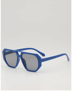 Detail of blue pilot sunglasses for kids featuring thick frames and grey lenses