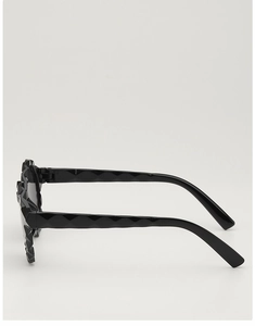 Close-up of black kids' sunglasses with unique faceted diamond texture on the frame