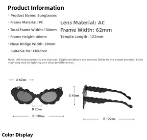 Detailed sizing chart and material specs for wavy square kids UV400 sunglasses