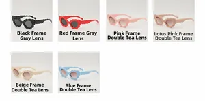 Detailed grid showing six colorful wavy-frame children's sunglasses with UV protection