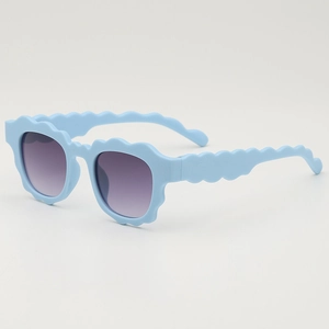 Light blue wave frame sunglasses for kids with purple gradient lenses on grey background