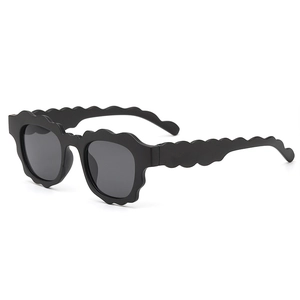 Retro wavy frame children sunglasses with matte black finish and dark grey lenses