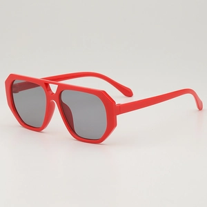 Fashionable kids red thick frame geometric sunglasses with dark grey lenses for UV protection