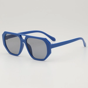Blue geometric octagon kids sunglasses with dual nose bridge and UV protection