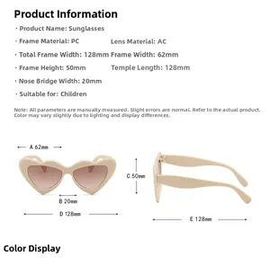 Detaillierte Größentabelle für Kinder Herz-Sonnenbrille mit PC-Rahmen und AC-Glasmaßen