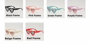 Detailansicht herzförmiger Sonnenbrillen in Schwarz, Rosa, Grün, Lila, Beige und Rot-Tönen