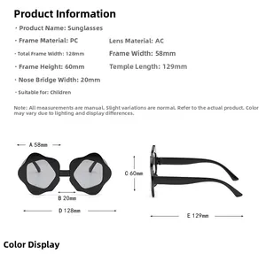 Detailed size chart for children sunglasses showing frame width and temple length measurements