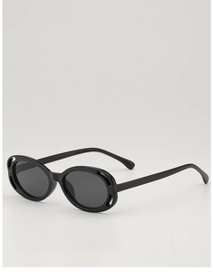 Detail of retro oval children's sunglasses with unique hollow frame design in black