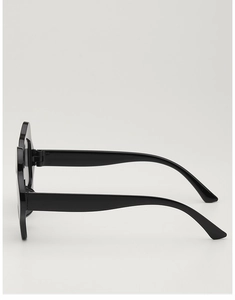 Close-up of black flower-shaped kids' sunglasses with wide curved temples and plastic frame