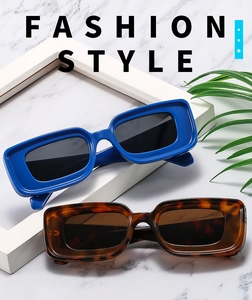 Close-up of retro rectangular sunglasses in glossy blue and tortoise shell frames