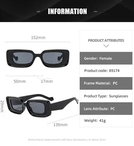 Detailed sizing chart for fashion rectangle sunglasses with full measurements and PC material