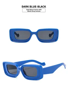 Detail view of dark blue rectangular sunglasses with deep grey lenses from multiple angles