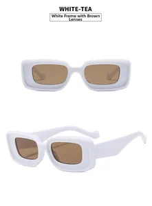 Detailed close-up of retro white rectangle sunglasses frame with tea-colored lenses