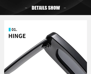 Detailed close-up of a robust integrated hinge on trendy black square sunglasses