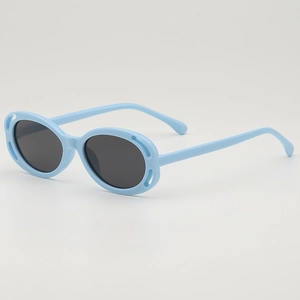Kids vintage oval sunglasses with light blue hollowed frame and dark grey lenses