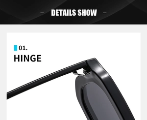 Detailed close-up of durable metal hinge and screw on black square frame sunglasses
