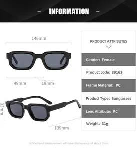 Detailed size chart for rectangular sunglasses showing frame width and lens specifications