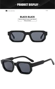 Front and 45-degree side views of thick black square retro sunglasses with dark lenses