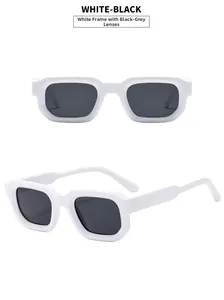 Front and side profile of retro chunky square white sunglasses with dark grey lenses
