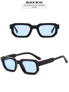Detail view of glossy black rectangle sunglasses frame with blue lenses from two angles