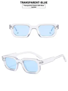 Detail view of retro square transparent frame sunglasses with light blue tinted lenses