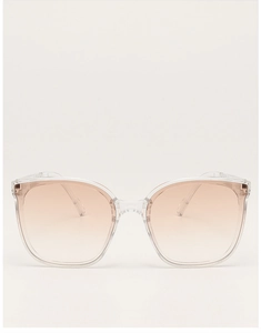 Detail der transparenten Sonnenbrille mit Verlaufsgläsern und sichtbarem Metallkern