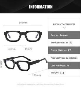 Detailed size chart for square frame sunglasses with precise lens and frame measurements