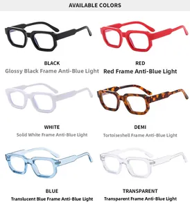 Grid display of thick-frame square sunglasses in black, red, white, blue, and tortoiseshell
