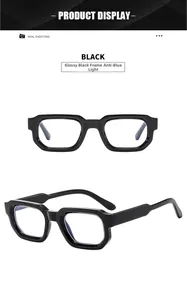 Detailed view of thick square black frames with anti-blue light protection and glossy finish