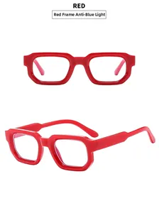 Detail of red oversized rectangular frames with blue light blocking technology