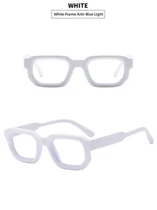 Detail view of stylish white square frames with blue light blocking lenses in white finish