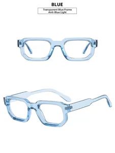 Detail view of transparent blue geometric frames with anti-blue light functional lenses