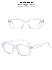 Detail view of transparent square frames featuring anti-blue light protective lenses