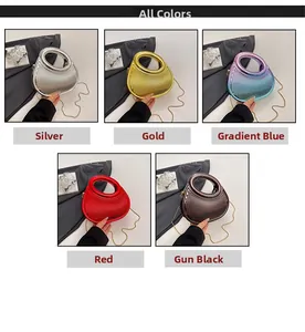 Collage of clutch bags in silver, gold, blue, red, and gun black with chain strap