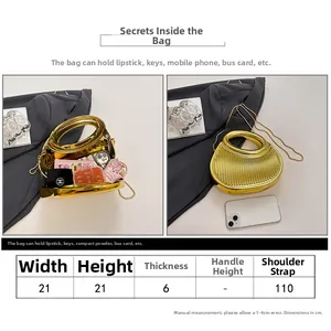 Size chart and interior capacity details of a gold textured acrylic evening box clutch bag