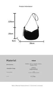 Detailed size specifications for the vintage black velvet crossbody crescent bag