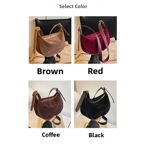 Overview of vintage crescent crossbody bags in brown, red, coffee, and black suede