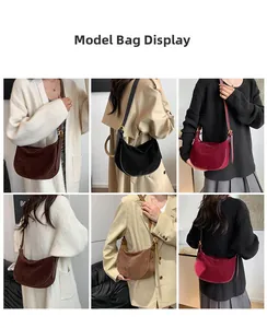 Model display of suede half-moon shoulder bags in deep brown, black, burgundy and camel