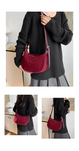 Vertical collage showing burgundy suede crescent bag on model from multiple angles