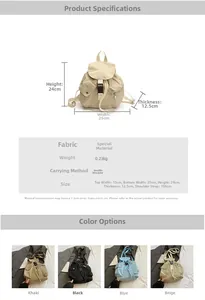 Detailed size specifications and color options for the lightweight casual backpack