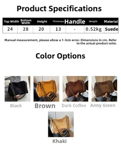 Size guide for suede shoulder bag with dimensions, weight and five color options