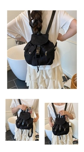 Detailed views of a compact black nylon backpack on a model with buckle and side zippers