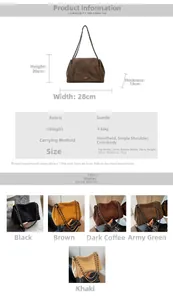 Detailed chart showing suede shoulder bag dimensions, weights, and five color options
