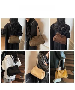 Collage of suede shoulder bags with chain straps shown in various style outfits