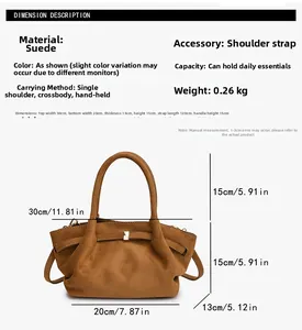 Guide des tailles pour sac cabas en suède avec dimensions et bandoulière réglable