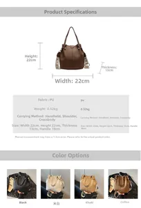 Size chart and specifications for the PU leather bucket bag with dimensions and weight