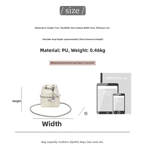Size guide for cream PU bucket bag with pearl charm showing dimensions and capacity details